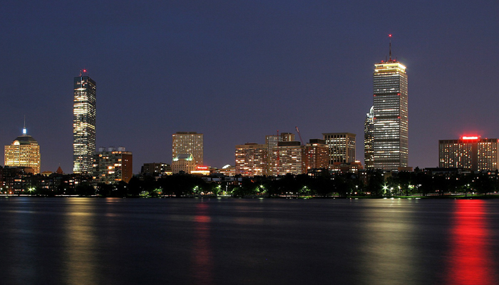 Night photograph of Boston harbor