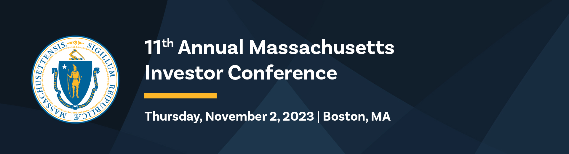 Dark blue banner with white text reads '11th Annual Massachusetts Investor Conference' with Commonwealth logo